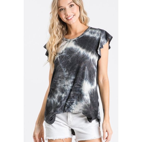 HEIMISH USA Tops - Heimish Ruffle Tie Dye Top, Black & Ivory